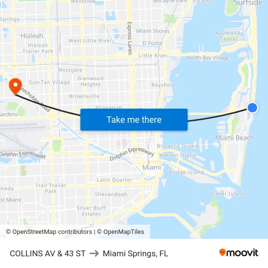 Collins Av & 43 St to Miami Springs, FL map
