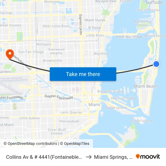 Collins Av & # 4441(Fontainebleau) to Miami Springs, FL map