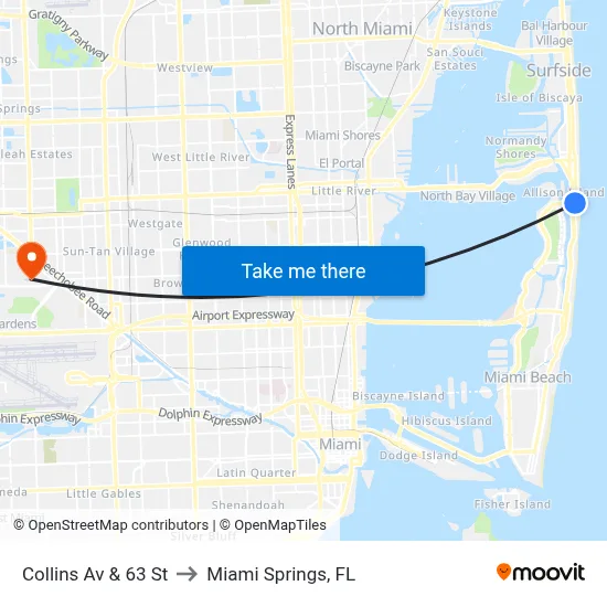 Collins Av & 63 St to Miami Springs, FL map