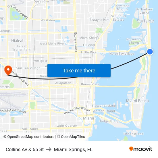 Collins Av & 65 St to Miami Springs, FL map