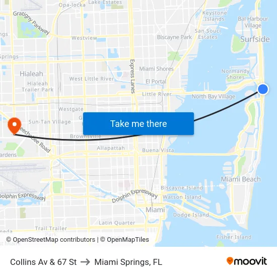 Collins Av & 67 St to Miami Springs, FL map