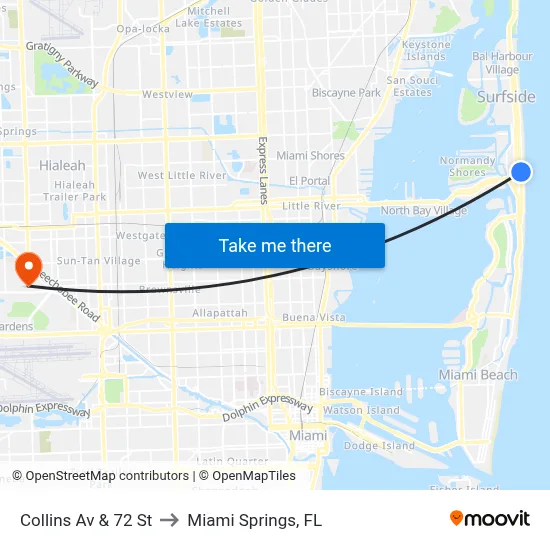 Collins Av & 72 St to Miami Springs, FL map