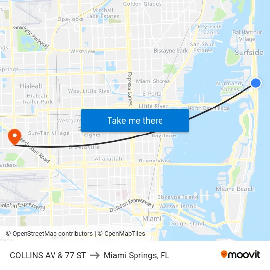 Collins Av & 77 St to Miami Springs, FL map