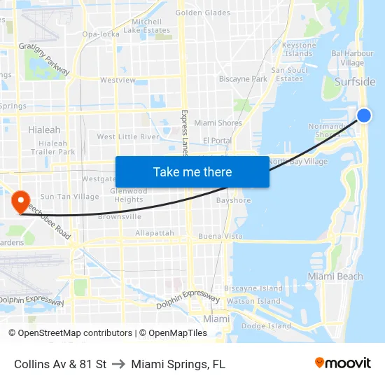 Collins Av & 81 St to Miami Springs, FL map