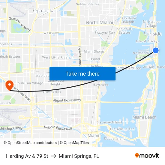 Harding Av & 79 St to Miami Springs, FL map