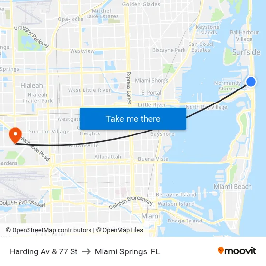 Harding Av & 77 St to Miami Springs, FL map