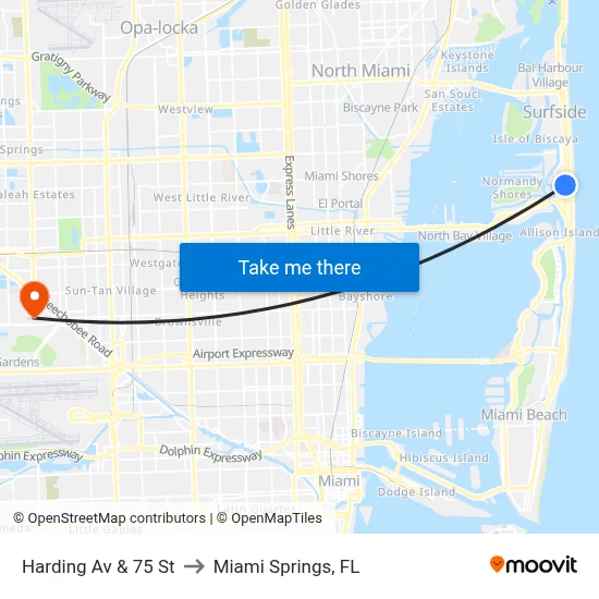 Harding Av & 75 St to Miami Springs, FL map