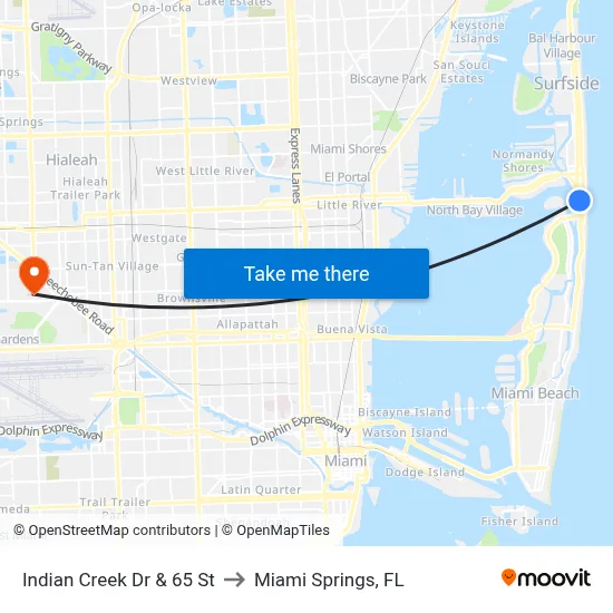 Indian Creek Dr & 65 St to Miami Springs, FL map