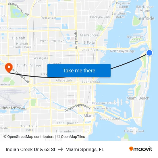 Indian Creek Dr & 63 St to Miami Springs, FL map