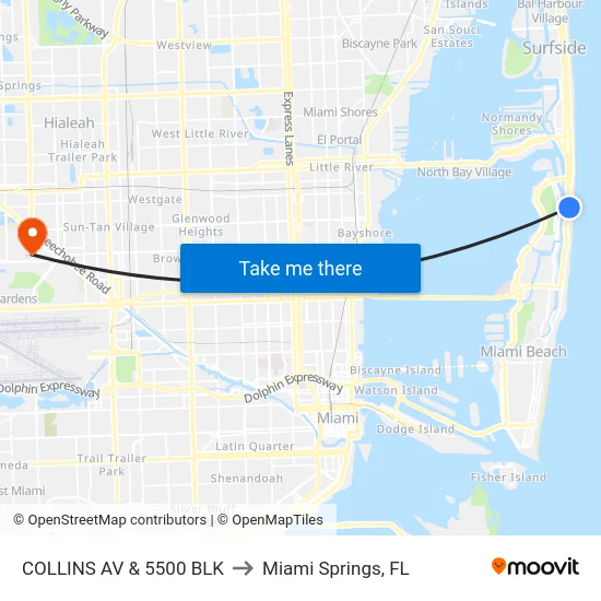 Collins Av & 5500 Blk to Miami Springs, FL map