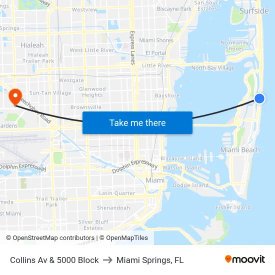 Collins Av & 5000 Block to Miami Springs, FL map