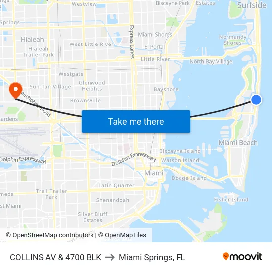 Collins Av & 4700 Blk to Miami Springs, FL map