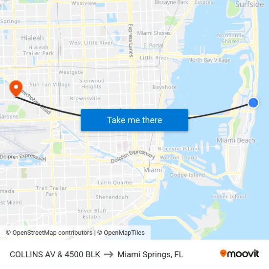 Collins Av & 4500 Blk to Miami Springs, FL map