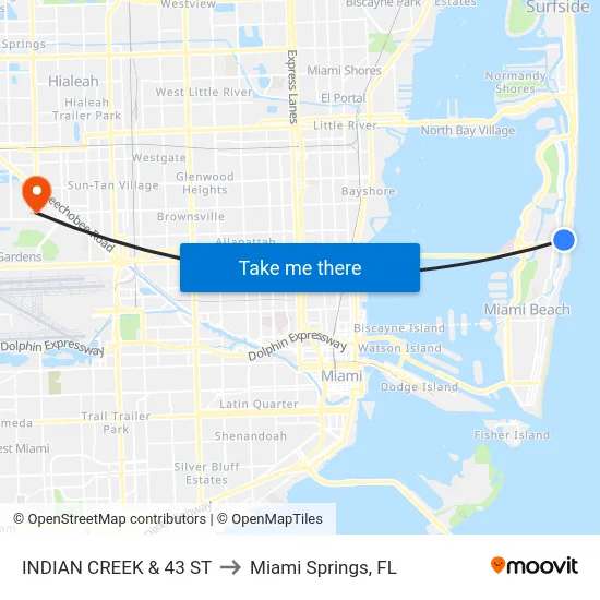 Indian Creek & 43 St to Miami Springs, FL map