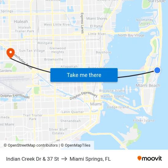 Indian Creek Dr & 37 St to Miami Springs, FL map
