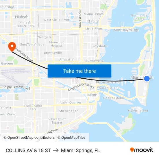 Collins Av & 18 St to Miami Springs, FL map