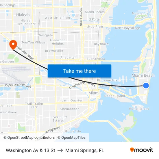 Washington Av & 13 St to Miami Springs, FL map