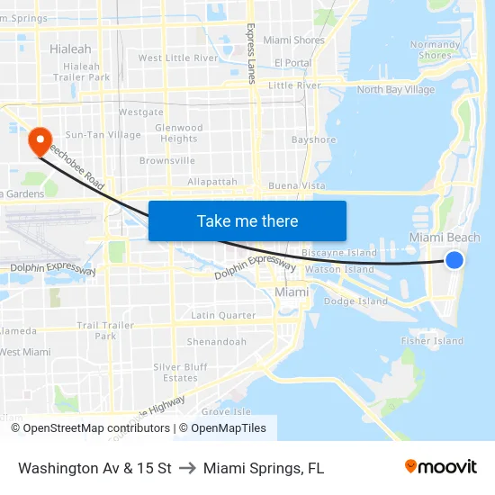 Washington Av & 15 St to Miami Springs, FL map