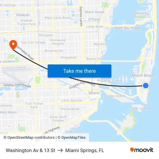 Washington Av & 13 St to Miami Springs, FL map