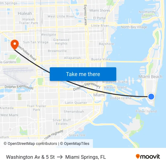Washington Av & 5 St to Miami Springs, FL map