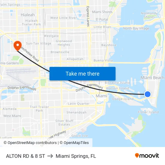Alton Rd & 8 St to Miami Springs, FL map