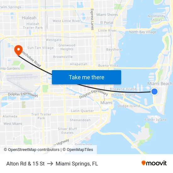 Alton Rd & 15 St to Miami Springs, FL map