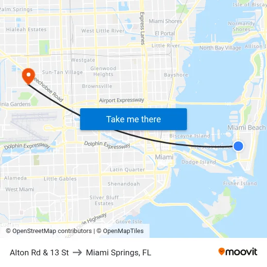Alton Rd & 13 St to Miami Springs, FL map