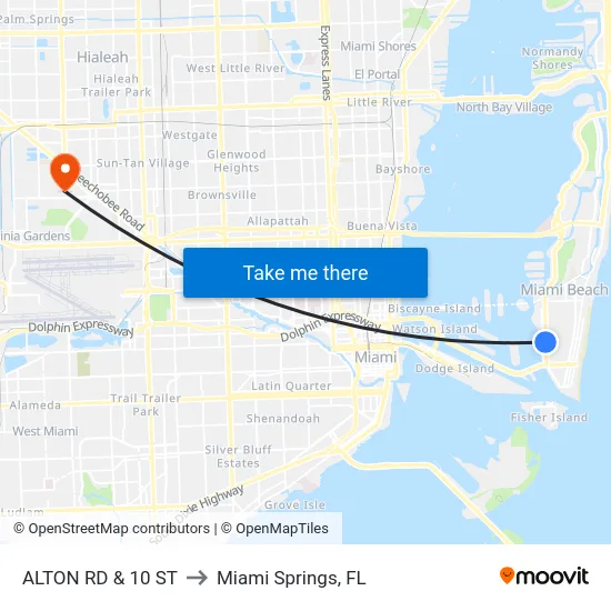 Alton Rd & 10 St to Miami Springs, FL map