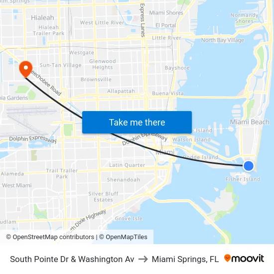 South Pointe Dr & Washington Av to Miami Springs, FL map