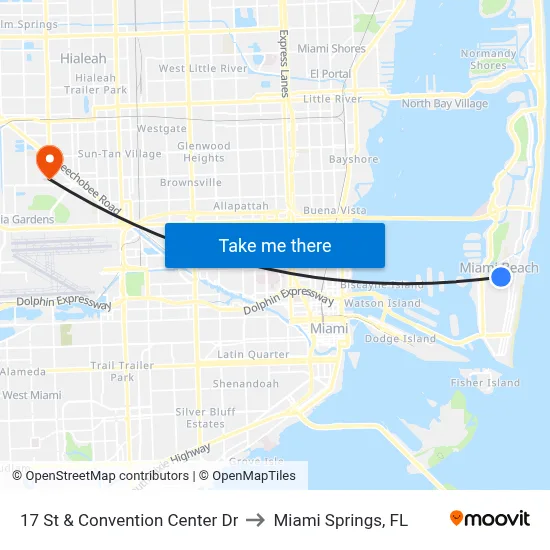 17 St & Convention Center Dr to Miami Springs, FL map