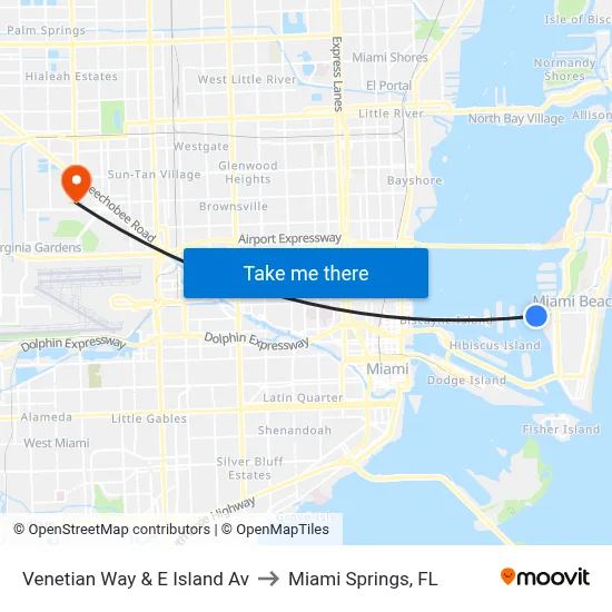Venetian Way & E Island Av to Miami Springs, FL map