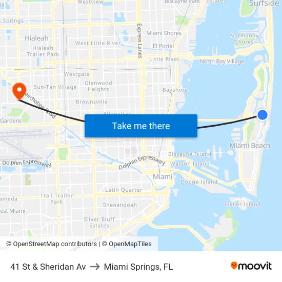 41 St & Sheridan Av to Miami Springs, FL map
