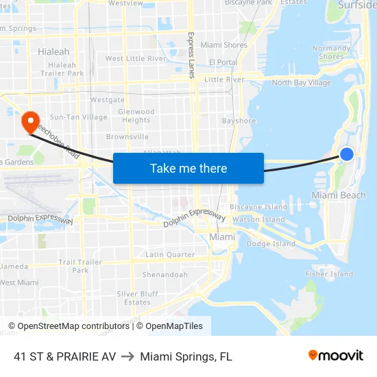 41 St & Prairie Av to Miami Springs, FL map