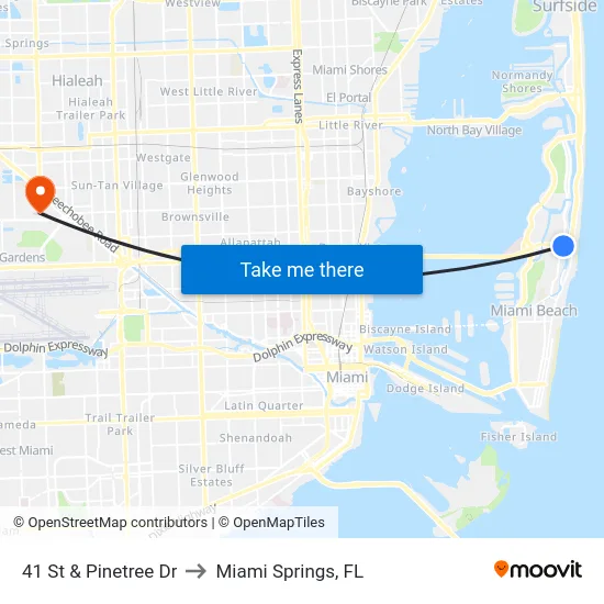 41 St & Pinetree Dr to Miami Springs, FL map