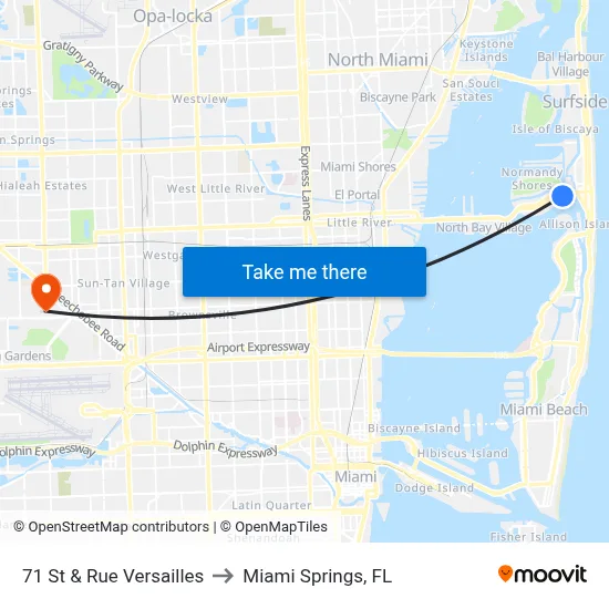 71 St & Rue Versailles to Miami Springs, FL map