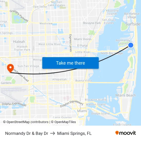 Normandy Dr & Bay Dr to Miami Springs, FL map