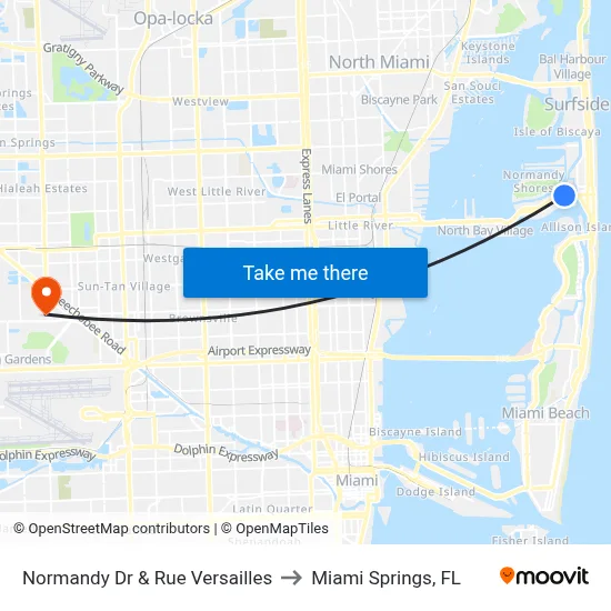 Normandy Dr & Rue Versailles to Miami Springs, FL map