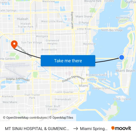 Mt Sinai Hospital & Gumenick Bldg to Miami Springs, FL map