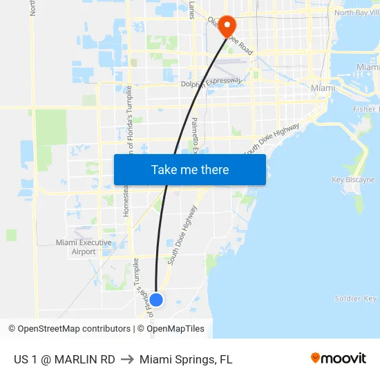 Us 1 @ Marlin Rd to Miami Springs, FL map