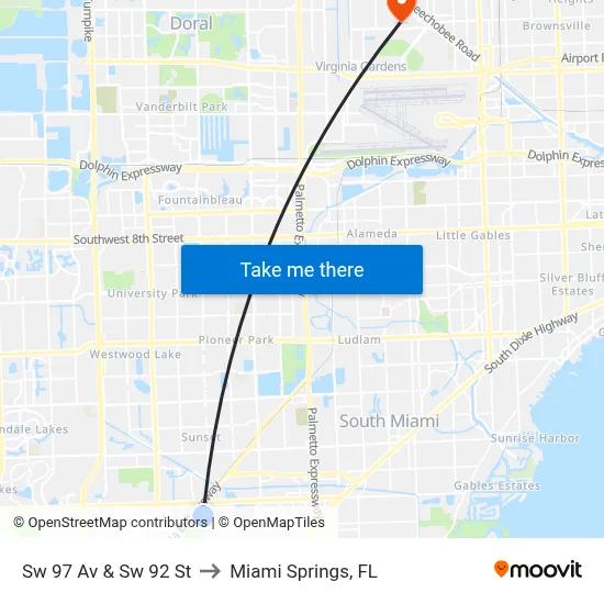 Sw 97 Av & Sw 92 St to Miami Springs, FL map
