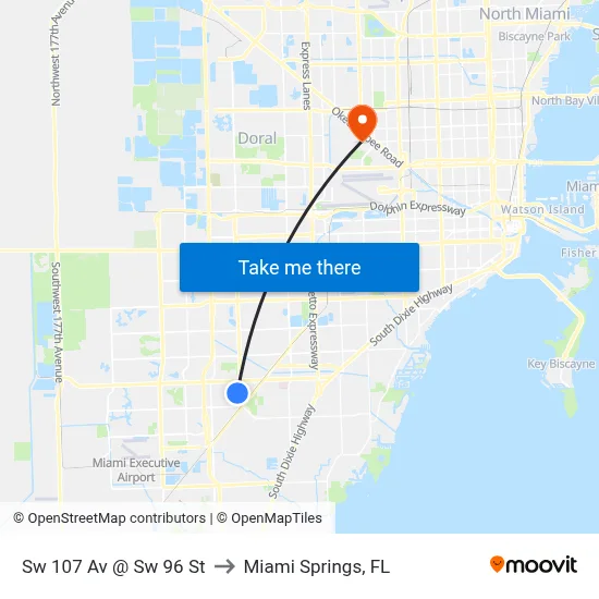 Sw 107 Av @ Sw 96 St to Miami Springs, FL map
