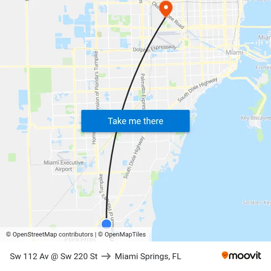 Sw 112 Av @ Sw 220 St to Miami Springs, FL map
