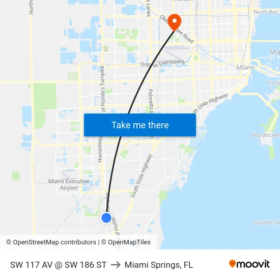 Sw 117 Av @ Sw 186 St to Miami Springs, FL map