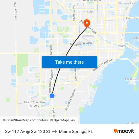 Sw 117 Av @ Sw 120 St to Miami Springs, FL map