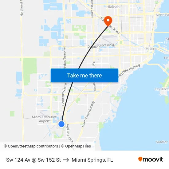 Sw 124 Av @ Sw 152 St to Miami Springs, FL map