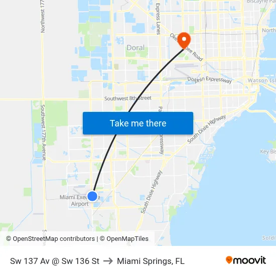Sw 137 Av @ Sw 136 St to Miami Springs, FL map