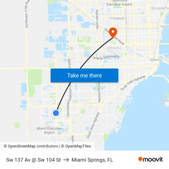 Sw 137 Av @ Sw 104 St to Miami Springs, FL map