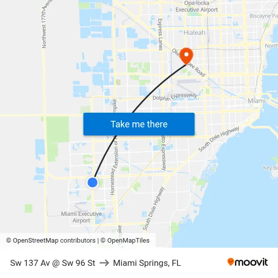 Sw 137 Av @ Sw 96 St to Miami Springs, FL map