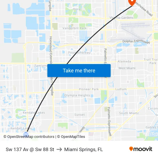 Sw 137 Av @ Sw 88 St to Miami Springs, FL map