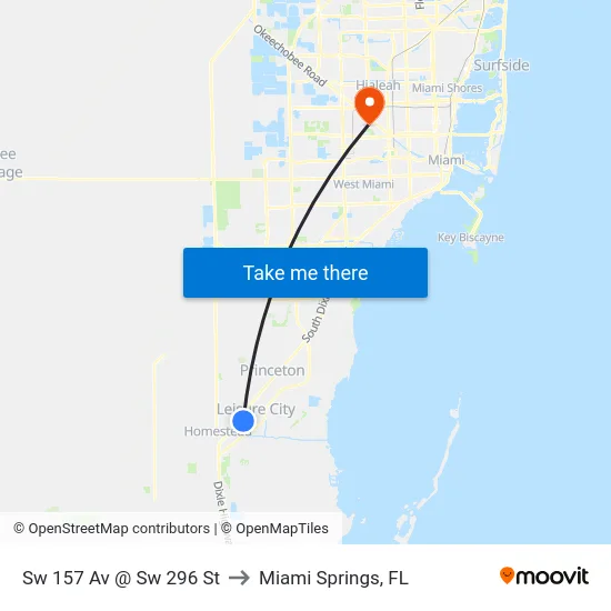 Sw 157 Av @ Sw 296 St to Miami Springs, FL map